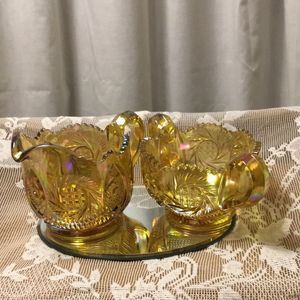 L E Smith gold iridescent creamer and sugar bowl.